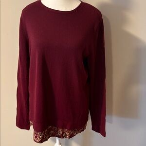 J. Jill Burgundy Long Sleeve Sweater with Paisley Patterned Hem. Size Medium